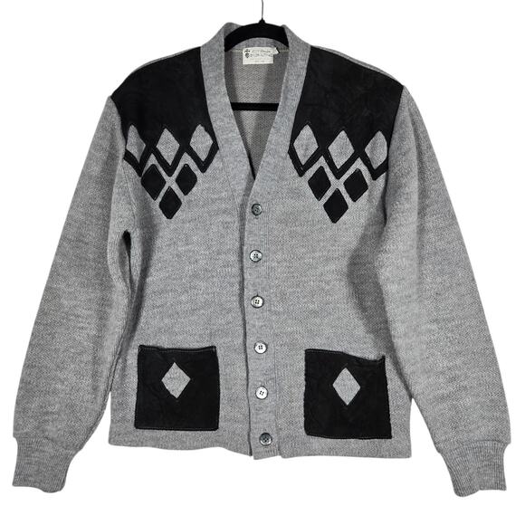 Vintage Other - Vintage 60s Mens Medium Leather Diamond Applique Cardigan Sweater Gray Mod